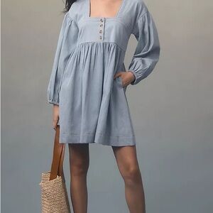 By Anthropologie Long-Sleeve Square-Neck Denim Babydoll Mini Dress